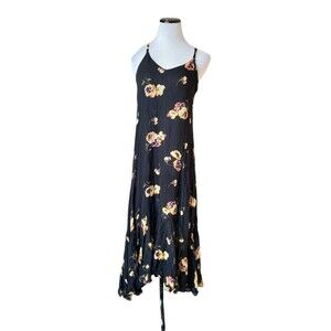 Vintage Y2K Floral Boho Slip Maxi Dress Size M Black Fairy Grunge Whimsygoth 90s